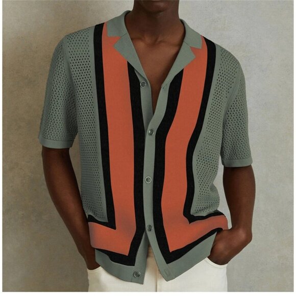 Cruise Knit Men Short Sleeve Button-Up Shirt Large Green Orange Viscose Vintage - Picture 1 of 8